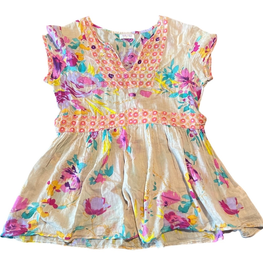 Funky People  Floral Cotton Tunic Top Sequin V-Neck Boho Back Tie‎ Multicolor